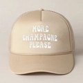 Detail of embroidered 'MORE CHAMPAGNE PLEASE' text on beige trucker hat with mesh and rope - Beige