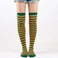 Detail of green and orange striped over-knee socks for cosplay and festival wear - One Size / Olive Green & Orange Fine Striped
