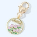 Pink tulip flower keychain with heart lobster clasp and golden TULIPS engraved pendant - Purple Ring-Tulip