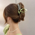 Elegant lily of the valley hair claw with green leaves and blue buds in golden finish - Light Blue Lily of the Valley-YZAP45-5