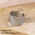 Anello aperto a piuma d'argento regolabile in acciaio inossidabile con texture foglia - Stile Piuma 765 / Colore Acciaio (765 Piuma)