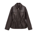 Women's chocolate brown PU leather jacket with waist cinching and flap pockets - XS / Coffee