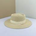 Chapeau de paille à haut plat pour femme avec large ruban en satin beige et bord large - Beige avec Ruban Beige