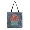 Gros plan sur l'imprimé fille champignon mignon du sac de shopping en coton et lin blanc - Personnage de champignon sur fond gris-bleu (hm0373)