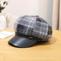 British style black and grey plaid newsboy cap with black faux leather brim and gold trim - M (56.5-58.5cm) / Grey (Letter Tag)