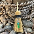 Mini Wicca witch broom with silver Celtic knot and green crystal pendant car ornament - Celtic Knot with Teal Crystal