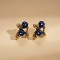 Close-up of vintage gold earrings with blue bead accents and white micro-rhinestones - Silver Earring Post Stud Earrings-Blue