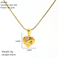 Detail view of 18K gold plated heart pendant with 45cm stainless steel chain and dimensions - 304 Stainless Steel/18K Gold Plated / Smooth Heart Style (SP609G)