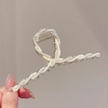 Elegant gold flower hair claw clip with cream pearls and rhinestones for women - Beige