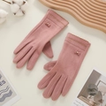Gants roses en suédine pour femme avec nœud décoratif et fonction écran tactile - Papillon Strass Double Dentelle - Poil de Lapin Rose