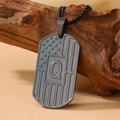 Black stainless steel military tag necklace with US flag and letter Q on wood - Letter Q Necklace