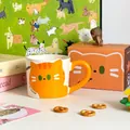Cute ceramic cat mug in cream with orange tabby illustration and matching gift box - Gift Box With Handle / Yellow