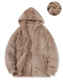 Brown fuzzy fleece hoodie jacket with full zip and texture detail for winter warmth - S / Khaki