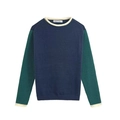 Maglione in maglia a contrasto blu navy e verde con bordi crema in vista piatta - S
