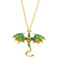 Vintage gold necklace with colorful enamel dragon pendant and sparkling rhinestones - Antique Gold Light Green
