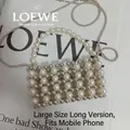 Detailed grid weave of white pearls and silver metal beads for a mini crossbody bag - Large Extended / Silver