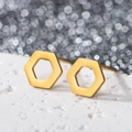 Detail view of 18K gold plated hexagonal earrings with brushed metal matte texture - Hollow Hexagon / Gold