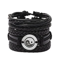 Mehrlagiges Lederarmband mit geflochtenen Seilen und Vintage Yin Yang Metall-Anhänger - Schwarz