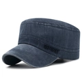 Navy blue washed denim flat top army cap with SPIRIT embroidery and vintage finish - Adjustable / Navy Blue
