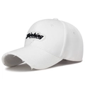 White distressed baseball cap with Thinking embroidery patch and frayed brim edge - White