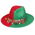 Detail of red and green wool fedora hat with bohemian woven band and tassels - Red Green With Shells Tassels