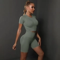 Sage green seamless high-waist yoga set with short-sleeve crop top and biker shorts - Medium Grey
