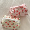 Quilted floral makeup bags in pink and cream with strawberry patterns and zipper closure - Pink Base Strawberry