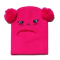 Detail of rose red knit balaclava with cute cat embroidery and soft plush pom-poms - Rose Red