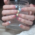 Uñas postizas estilo francés con gotas de corazón azul y estrellas blancas - Estilo de Estrella Francesa Azul Amarillo Púrpura (JP2627)