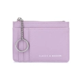 Light purple cross-grain leather card holder with zip pocket and silver keychain ring - Purple