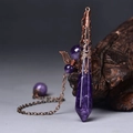 Natural Amethyst Hexagonal Prism Pendulum with Bronze Wing Cap and Metal Chain - Antique Bronze Amethyst