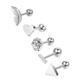 5-piece set of silver stainless steel geometric stud earrings with flower and heart shapes - Set 10 (Silver/Feather Heart Rose Triangle)