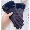 Guanti invernali caldi da donna in pelle scamosciata nera con bordo in peluche touch screen - Taglia unica / S083 Nero--Etichetta in Pelle