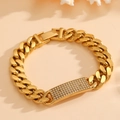 Golden Cuban chain bracelet featuring a sparkling crystal-encrusted rectangular plate - Gold Rectangle Iced Out Style (D820)