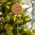 Gingerbread lollipop Christmas tree ornament with colorful sequins and yellow silk bow - Foam Gingerbread Lollipop