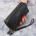 Black long double-zipper wallet featuring embossed texture and detachable wrist strap - Black
