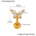 Detailed view of golden butterfly lip stud in titanium alloy with zircon and measurements - Gold Lip Stud (T011)