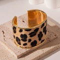 Detailed view of leopard print faux fur inlay on a wide gold-plated cuff bracelet - 9# Coffee Leopard Flocking Open Cuff Bracelet