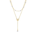 Double-layer gold butterfly necklace with white pearls and long tassel pendant - Gold Double Layer Butterfly Pearl Tassel Style (D606)