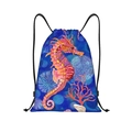 Detail of colorful seahorse print on thick oxford fabric drawstring backpack bag - Blue Polka Dot Seahorse Style (jiayingskd46)