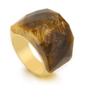 Minimalist gold titanium steel ring featuring a faceted translucent brown crystal stone - Tiger Eye Brown (KR86181-K)