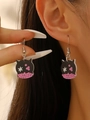 Halloween black cat acrylic drop earrings with pink dots and star pattern for women - Black Pink Cat Head Style Hook