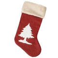 Calza di Natale rossa in tessuto con albero bianco e bordo in peluche beige - Albero di Natale