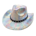 Western holographic cowboy hat with colorful snakeskin pattern and silver rivets trim - M (56-58cm) / White