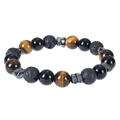 Tigerauge und Lavastein Perlenarmband mit Hämatit Akzenten auf weißem Hintergrund - Gelbes Tigerauge Armband