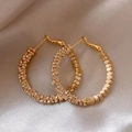 Golden asymmetrical hoop earrings featuring sparkling rhinestones on soft beige silk - 6# Silver Needle - Gold - Large Size. 4cm