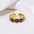 Französischer 18K vergoldeter Edelstahlring mit schwarzem Wabenmuster und Emaille - Verstellbar / Wabenmuster Schwarzgold-Stil (JR390) / Schwarz