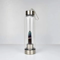 Glass water bottle with natural dark fluorite crystal pillar and stainless steel base - Colorful Fluorite Bottle