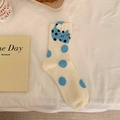 Beige crew socks with sky blue polka dots and a cute cartoon cat pattern detail - One Size / Cream Cat