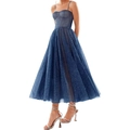 Sparkly dark blue sequined evening dress with spaghetti straps and a corset bodice - US size 2 (S) / Bottoms / Navy Blue